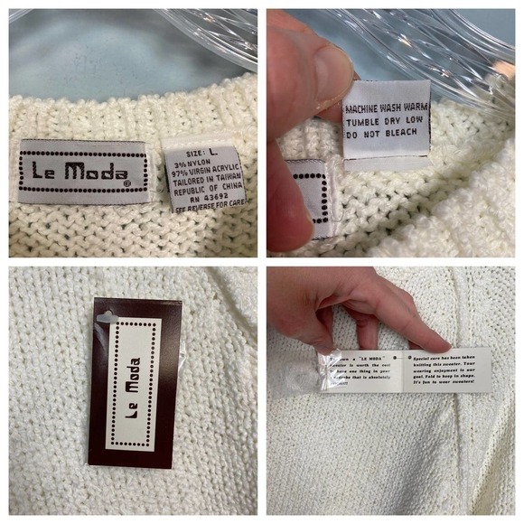 VINTAGE 80s NWT Le Moda Chunky Knit Crewneck Sweater Women's Size L Cream Raglan - Picture 7 of 10